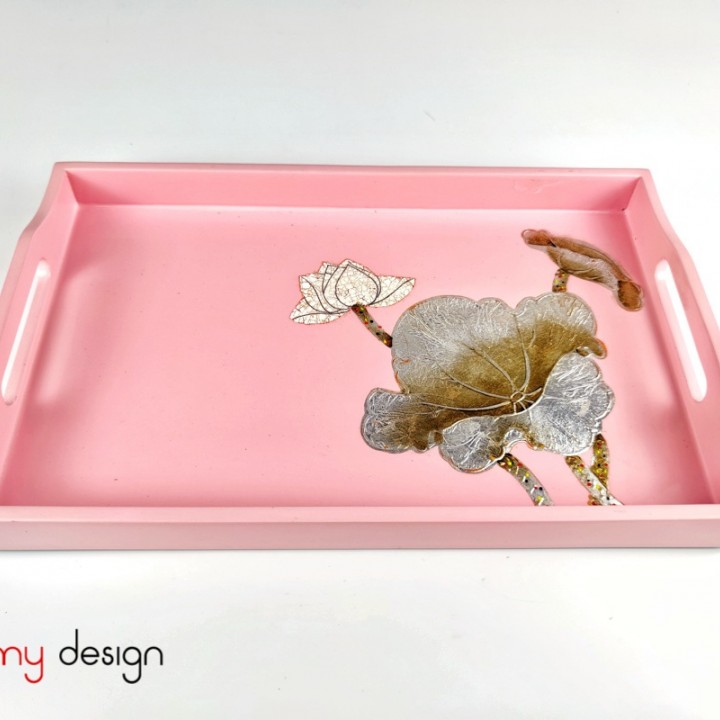 Pink rectangular lacquer tray with hand-painted lotus 20x32 cm